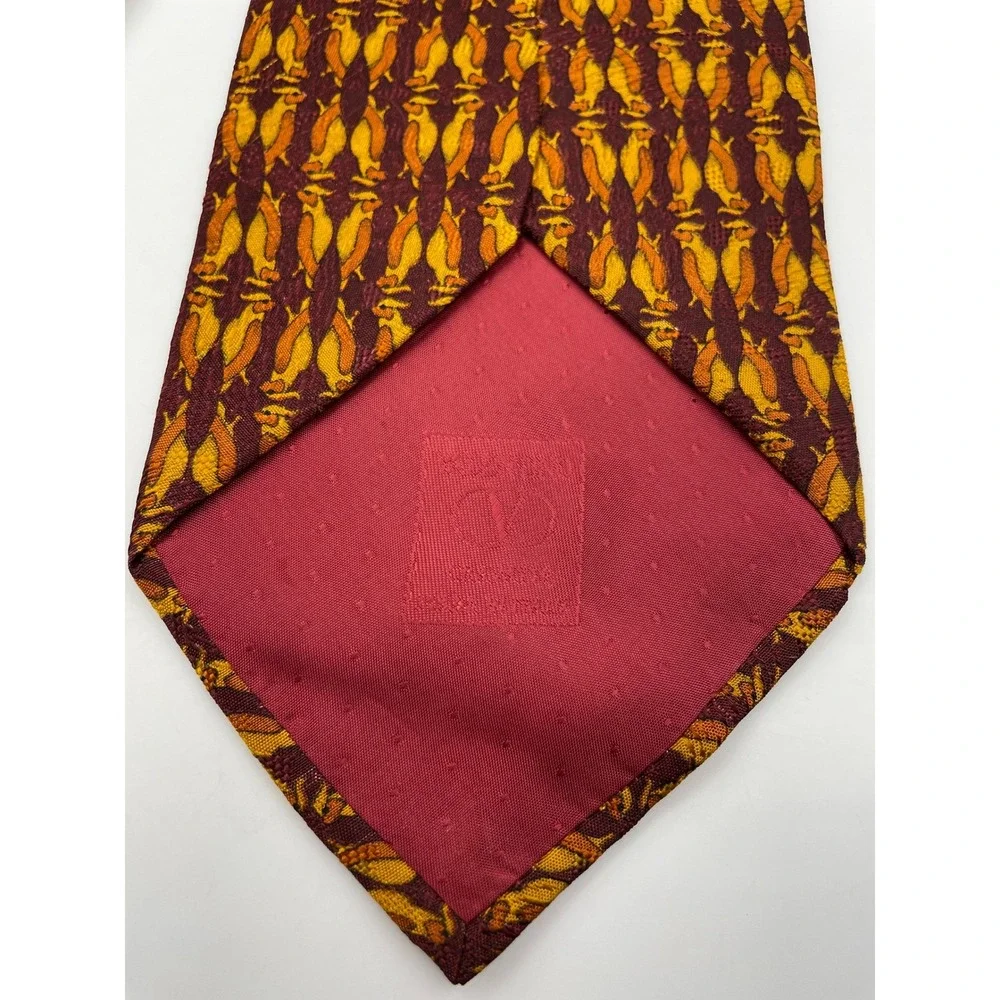 Valentino Cravatte Silk Tie Burgundy Orange Bird Print Made in Italy Vintage